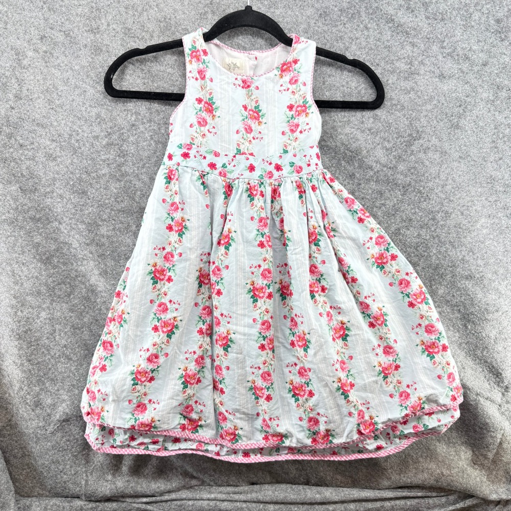 Laura Ashley London Floral Dress Kids Size 6X Blue Pink Rose Striped Sleeveless